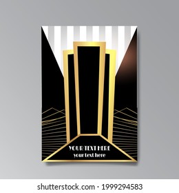 Art-Deco-Vorlage goldener schwarzer Luxus, A4-Seite, Menü, Karte, moderne Einladung, Moon-Sterne und Stadtlampen in einem Art-Deco, Art Nuevo Gatsby-Stil, schöner Hintergrund 