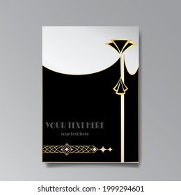 Art Deco template golden black luxury, A4 page, menu, card, modern invitation, Moon stars and city lights in a Art Deco, Art Nuevo Gatsby style, beautiful background 