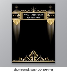 Art Deco template golden-black, A4 page, menu, card, invitation, Moon stars and city lights in a ArtDeco/Art Nuvo style, beautiful bakcground .