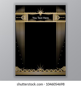 Art Deco template golden-black, A4 page, menu, card, invitation, Moon and stars in a ArtDeco/Art Nuvo style, beautiful bakcground .