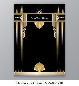 Art Deco template golden-black, A4 page, menu, card, invitation, Sun and leaf in a Art Deco/Art Nuvo style, beautiful background .