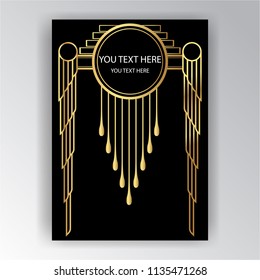 Art Deco template golden-black, A4 page, menu, card, invitation, Sun and city lights in a ArtDeco/Art Nuvo style, beautiful bakcground .