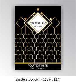 Art Deco template golden-black, A4 page, menu, card, invitation, Sun and city lights in a ArtDeco/Art Nuvo style, beautiful bakcground .