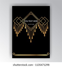 Art Deco template golden-black, A4 page, menu, card, invitation, Sun and city lights in a ArtDeco/Art Nuvo style, beautiful bakcground .