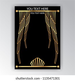 Art Deco template golden-black, A4 page, menu, card, invitation, Sun and city lights in a ArtDeco/Art Nuvo style, beautiful bakcground .