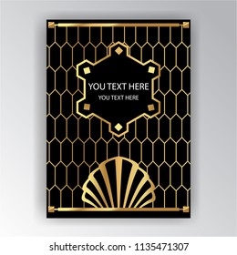 Art Deco template golden-black, A4 page, menu, card, invitation, Sun and city lights in a ArtDeco/Art Nuvo style, beautiful bakcground .