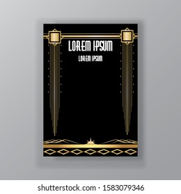 Art Deco template golden-black, A4 page, menu, card, invitation, Moon stars and city lights in a ArtDeco/Art Nuvo style, beautiful background .