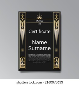 Art Deco template golden-black, A4 page, menu, card, invitation, Sun and city lights in a Art Deco Art Nuevo style, beautiful background, luxury invite. Retro mystic and occult flyer