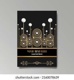 Art Deco template golden-black, A4 page, menu, card, invitation, Sun and city lights in a Art Deco Art Nuevo style, beautiful background, luxury invite. Retro mystic and occult flyer