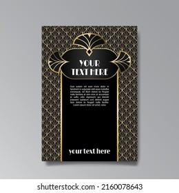 Art Deco template golden-black, A4 page, menu, card, invitation, Sun and city lights in a Art Deco Art Nuevo style, beautiful background, luxury invite. Retro mystic and occult flyer