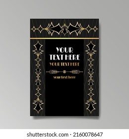 Art Deco template golden-black, A4 page, menu, card, invitation, Sun and city lights in a Art Deco Art Nuevo style, beautiful background, luxury invite. Retro mystic and occult flyer