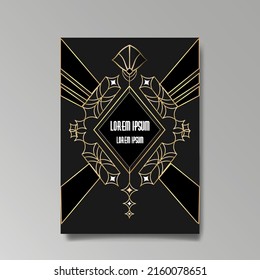 Art Deco template golden-black, A4 page, menu, card, invitation, Sun and city lights in a Art Deco Art Nuevo style, beautiful background, luxury invite. Retro mystic and occult flyer