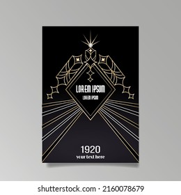 Art Deco template golden-black, A4 page, menu, card, invitation, Sun and city lights in a Art Deco Art Nuevo style, beautiful background, luxury invite. Retro mystic and occult flyer