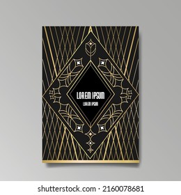 Art Deco template golden-black, A4 page, menu, card, invitation, Sun and city lights in a Art Deco Art Nuevo style, beautiful background, luxury invite. Retro mystic and occult flyer