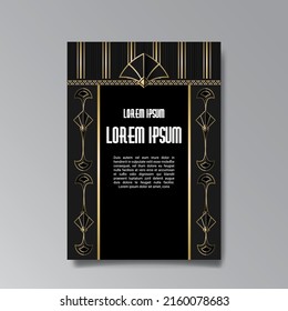 Art Deco template golden-black, A4 page, menu, card, invitation, Sun and city lights in a Art Deco Art Nuevo style, beautiful background, luxury invite. Retro mystic and occult flyer