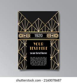 Art Deco template golden-black, A4 page, menu, card, invitation, Sun and city lights in a Art Deco Art Nuevo style, beautiful background, luxury invite. Retro mystic and occult flyer