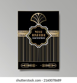 Art Deco template golden-black, A4 page, menu, card, invitation, Sun and city lights in a Art Deco Art Nuevo style, beautiful background, luxury invite. Retro mystic and occult flyer