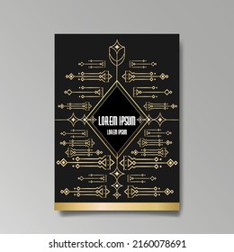 Art Deco template golden-black, A4 page, menu, card, invitation, Sun and city lights in a Art Deco Art Nuevo style, beautiful background, luxury invite. Retro mystic and occult flyer