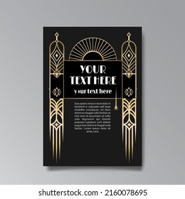 Art Deco template golden-black, A4 page, menu, card, invitation, Sun and city lights in a Art Deco Art Nuevo style, beautiful background, luxury invite. Retro mystic and occult flyer