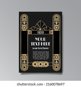 Art Deco template golden-black, A4 page, menu, card, invitation, Sun and city lights in a Art Deco Art Nuevo style, beautiful background, luxury invite. Retro mystic and occult flyer