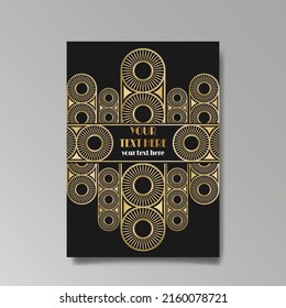 Art Deco template golden-black, A4 page, menu, card, invitation, Sun and city lights in a Art Deco Art Nuevo style, beautiful background, luxury invite. Retro mystic and occult flyer