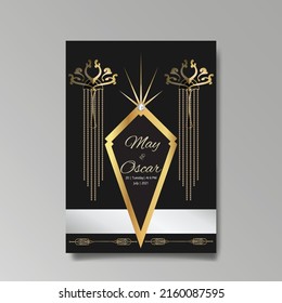 Art Deco template golden-black, A4 page, menu, card, invitation, Sun and city lights in a Art Deco Art Nuevo style, beautiful background, luxury invite. Retro mystic and occult flyer