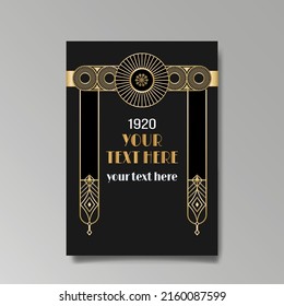 Art Deco template golden-black, A4 page, menu, card, invitation, Sun and city lights in a Art Deco Art Nuevo style, beautiful background, luxury invite. Retro mystic and occult flyer