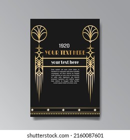 Art Deco template golden-black, A4 page, menu, card, invitation, Sun and city lights in a Art Deco Art Nuevo style, beautiful background, luxury invite. Retro mystic and occult flyer