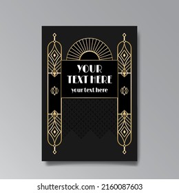 Art Deco template golden-black, A4 page, menu, card, invitation, Sun and city lights in a Art Deco Art Nuevo style, beautiful background, luxury invite. Retro mystic and occult flyer