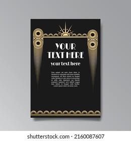 Art Deco template golden-black, A4 page, menu, card, invitation, Sun and city lights in a Art Deco Art Nuevo style, beautiful background, luxury invite. Retro mystic and occult flyer