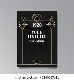 Art Deco template golden-black, A4 page, menu, card, invitation, Sun and city lights in a Art Deco Art Nuevo style, beautiful background, luxury invite. Retro mystic and occult flyer