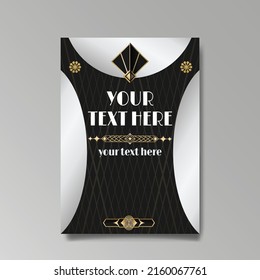 Art Deco template golden-black white, A4 page, menu, card, invitation, Sun and city lights in a Art DecoArt Nuevo style, beautiful background, luxury invite. Retro mystic and occult flyer