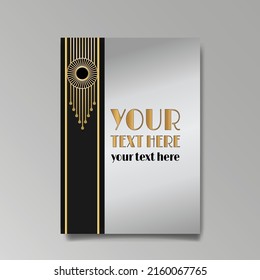 Art Deco template golden-black white, A4 page, menu, card, invitation, Sun and city lights in a Art DecoArt Nuevo style, beautiful background, luxury invite. Retro mystic and occult flyer