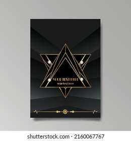 Art Deco template golden-black white, A4 page, menu, card, invitation, Sun and city lights in a Art DecoArt Nuevo style, beautiful background, luxury invite. Retro mystic and occult flyer