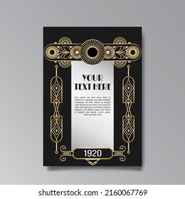 Art Deco template golden-black white, A4 page, menu, card, invitation, Sun and city lights in a Art DecoArt Nuevo style, beautiful background, luxury invite. Retro mystic and occult flyer