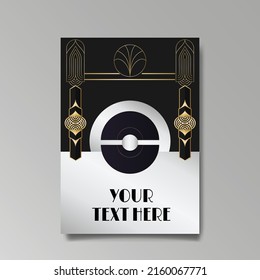 Art Deco template golden-black white, A4 page, menu, card, invitation, Sun and city lights in a Art DecoArt Nuevo style, beautiful background, luxury invite. Retro mystic and occult flyer