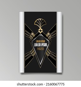 Art Deco template golden-black white, A4 page, menu, card, invitation, Sun and city lights in a Art DecoArt Nuevo style, beautiful background, luxury invite. Retro mystic and occult flyer