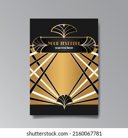 Art Deco template golden-black white, A4 page, menu, card, invitation, Sun and city lights in a Art DecoArt Nuevo style, beautiful background, luxury invite. Retro mystic and occult flyer