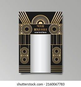 Art Deco template golden-black white, A4 page, menu, card, invitation, Sun and city lights in a Art DecoArt Nuevo style, beautiful background, luxury invite. Retro mystic and occult flyer