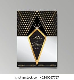 Art Deco template golden-black white, A4 page, menu, card, invitation, Sun and city lights in a Art DecoArt Nuevo style, beautiful background, luxury invite. Retro mystic and occult flyer