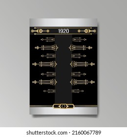 Art Deco template golden-black white, A4 page, menu, card, invitation, Sun and city lights in a Art DecoArt Nuevo style, beautiful background, luxury invite. Retro mystic and occult flyer