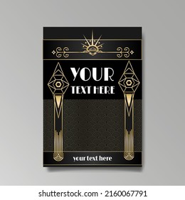 Art Deco template golden-black white, A4 page, menu, card, invitation, Sun and city lights in a Art DecoArt Nuevo style, beautiful background, luxury invite. Retro mystic and occult flyer