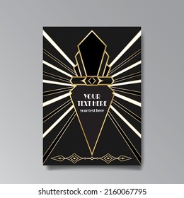 Art Deco template golden-black white, A4 page, menu, card, invitation, Sun and city lights in a Art DecoArt Nuevo style, beautiful background, luxury invite. Retro mystic and occult flyer