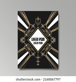 Art Deco template golden-black white, A4 page, menu, card, invitation, Sun and city lights in a Art DecoArt Nuevo style, beautiful background, luxury invite. Retro mystic and occult flyer