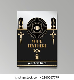 Art Deco template golden-black white, A4 page, menu, card, invitation, Sun and city lights in a Art DecoArt Nuevo style, beautiful background, luxury invite. Retro mystic and occult flyer