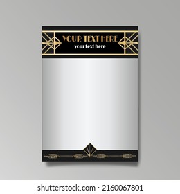 Art Deco template golden-black white, A4 page, menu, card, invitation, Sun and city lights in a Art DecoArt Nuevo style, beautiful background, luxury invite. Retro mystic and occult flyer