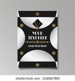 Art Deco template golden-black white, A4 page, menu, card, invitation, Sun and city lights in a Art DecoArt Nuevo style, beautiful background, luxury invite. Retro mystic and occult flyer