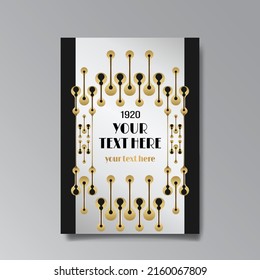 Art Deco template golden-black white, A4 page, menu, card, invitation, Sun and city lights in a Art DecoArt Nuevo style, beautiful background, luxury invite. Retro mystic and occult flyer