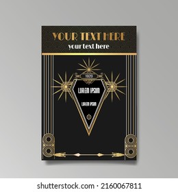 Art Deco template golden-black white, A4 page, menu, card, invitation, Sun and city lights in a Art DecoArt Nuevo style, beautiful background, luxury invite. Retro mystic and occult flyer