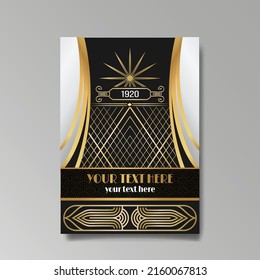 Art-Deco-Vorlage goldschwarz weiß, A4-Seite, Menü, Karte, Einladung, Sonne und Stadtlampen in einem Art DecoArt Nuevo Stil, schöner Hintergrund, Luxus-Einladung. Retro mystischer und okkulter Flyer